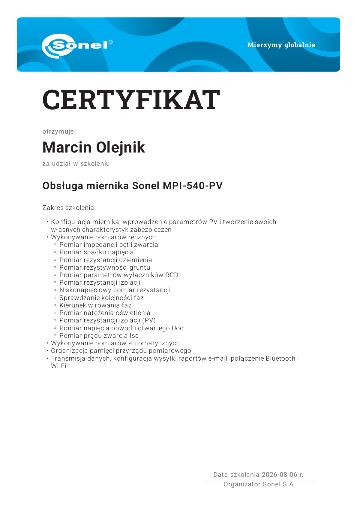 Certyfikat szkolenia z obsługi miernika SONEL MPI-540-PV dla Marcina Olejnika